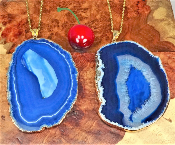 Large Blue Agate Slice Pendant Gold Plated