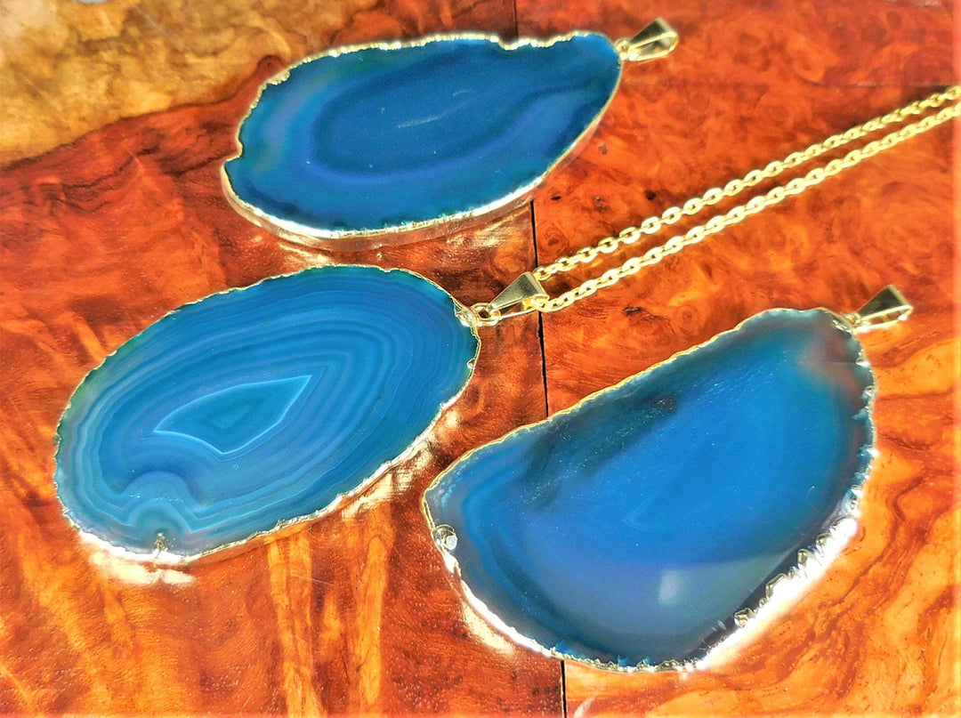 Agate Slice Pendant (Teal, w/ Gold Edges) Crystal Necklace Jewelry Supply