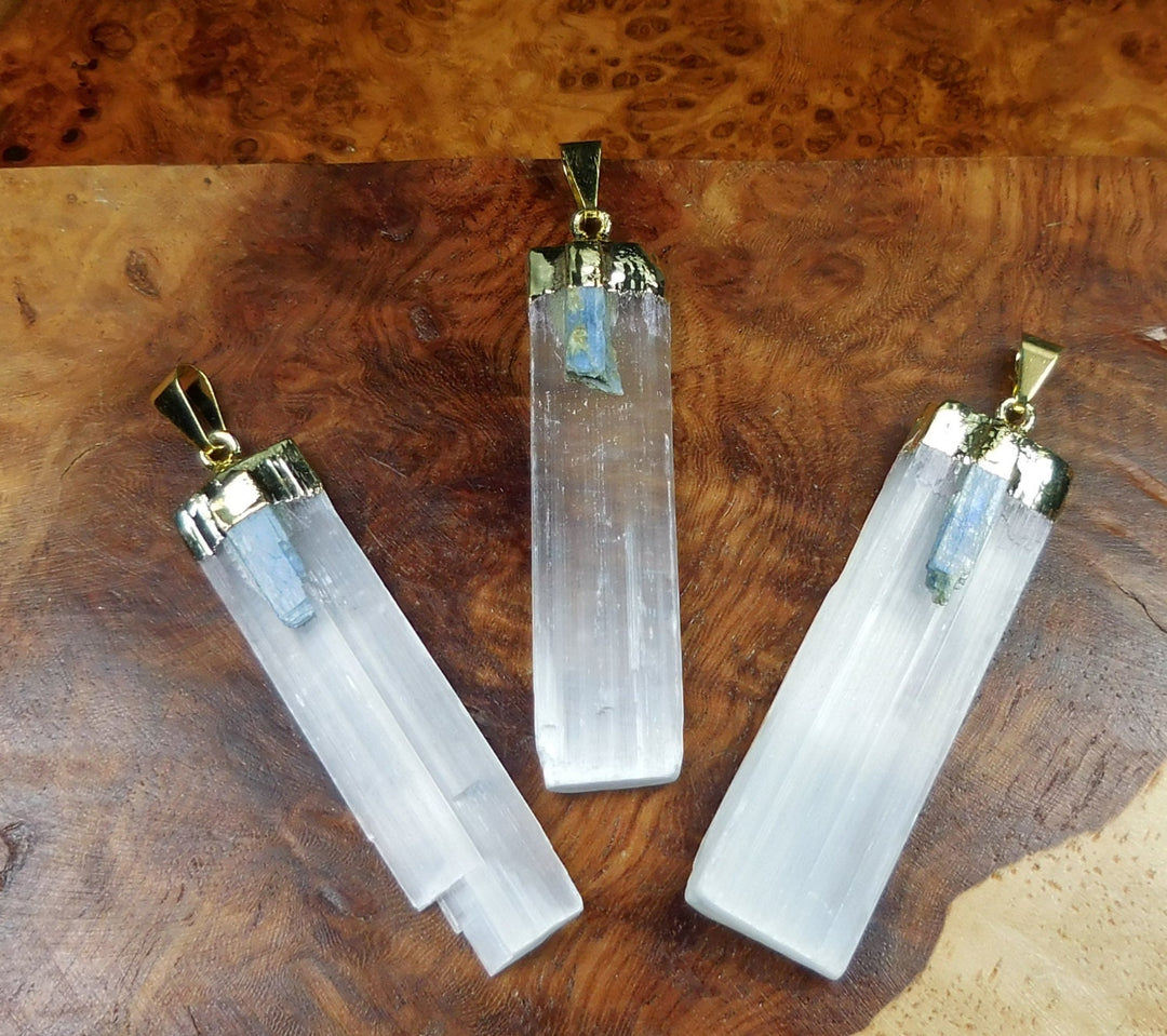 Selenite And Kyanite Crystal Pendant Gold Plated Necklace Charm Healing Crystals And Stones