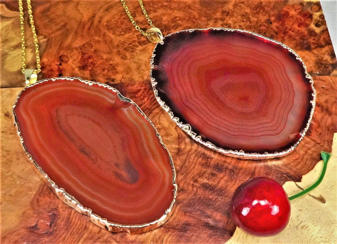 Agate Slice Necklace - Extra Large Red Crystal Slab Pendant - XL Gold Plated Gemstone Jewelry