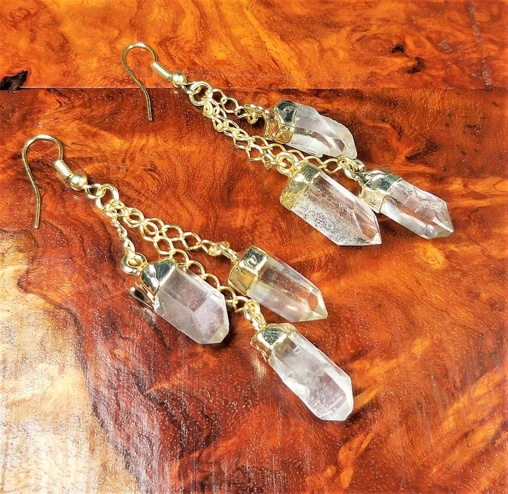 Quartz Crystal Point Long Dangle Gold Plated Earrings Pair Jewelry Healing Crystals And Stones