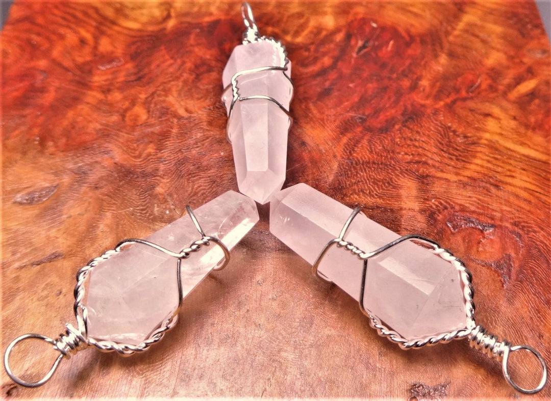 Rose Quartz Crystal Point Necklace Pendant CR29 Wire Wrapped Pink Gemstone