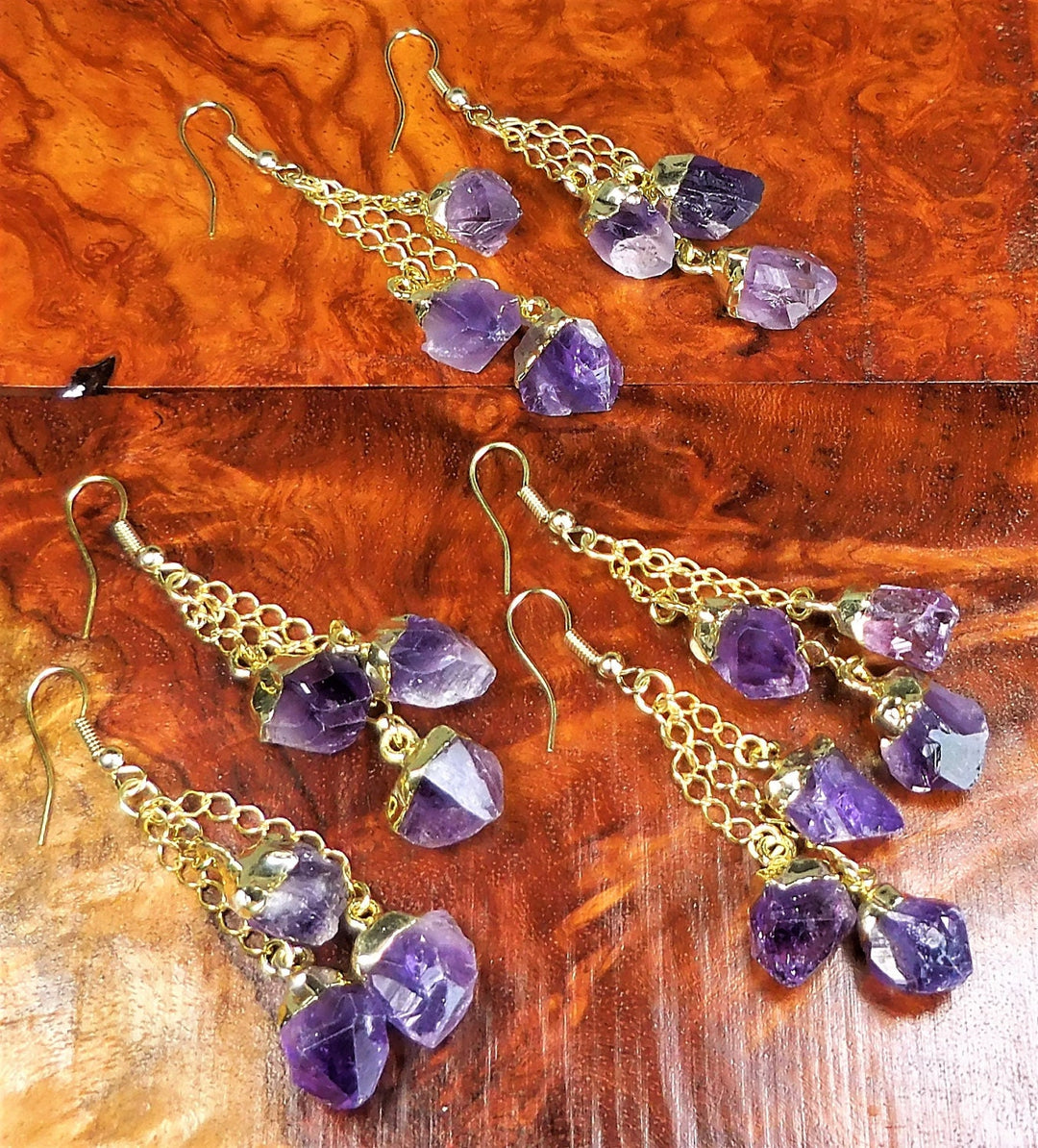 Amethyst Earrings Purple Triple Crystal Point Gold Dangle Earring Hooks Jewelry Healing Crystals And Stones
