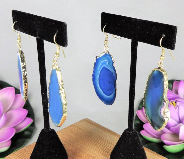 Blue Agate Slice Earrings - Gold
