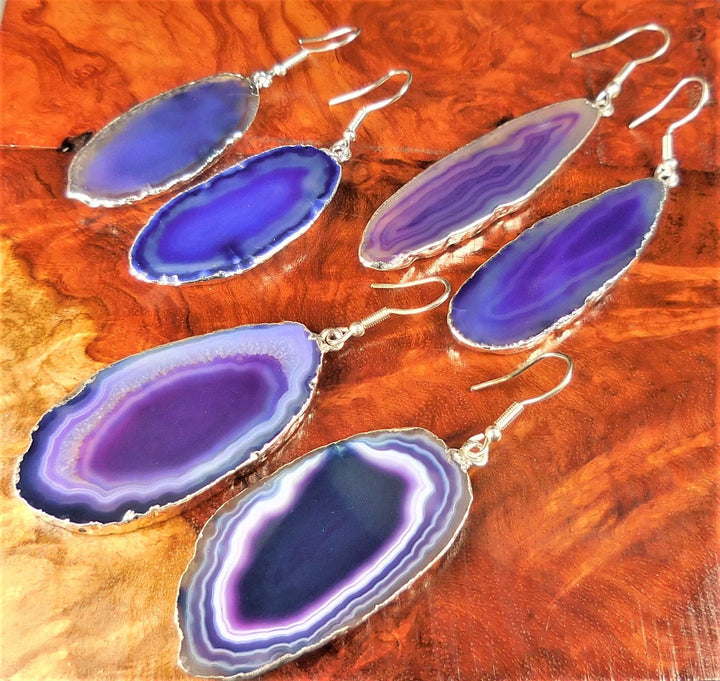 Agate Slice Earrings - Purple Crystal Slab Earring Set - Silver Hooks Stone Jewelry