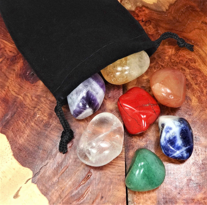 Chakra Stone Set - 7 Tumbled Crystals and Gemstones Reiki Stones w/ Pouch