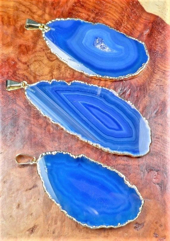 Blue Agate Slice Crystal Pendant Gold Plated Necklace Charm Healing Crystals And Stones
