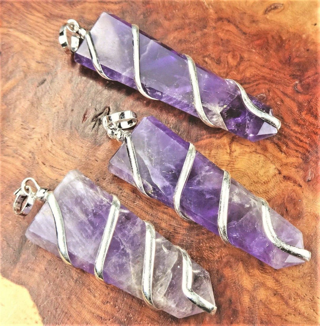 Amethyst Crystal Necklace Pendant - Silver Wire Wrapped