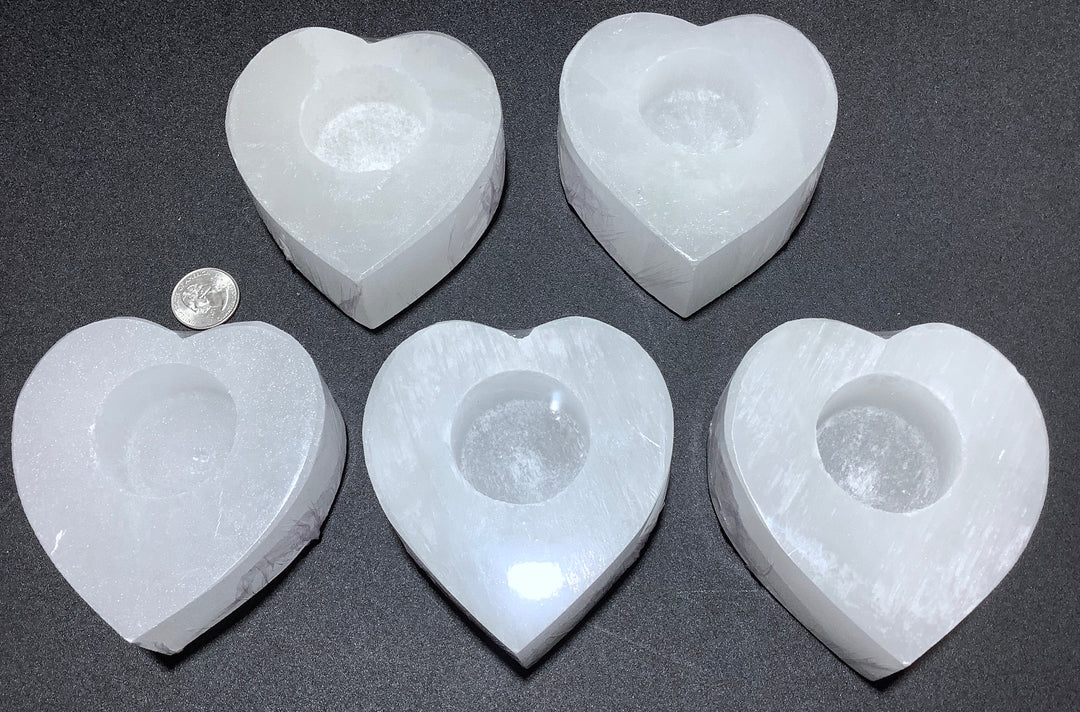 Selenite Crystal Heart Tealight Candle Holder - Carved Gemstone Candles - Polished Natural