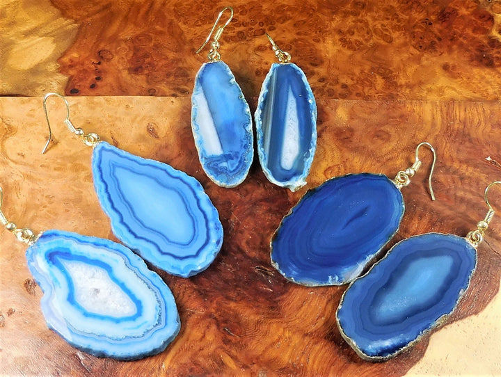 Blue Agate Slice Earrings Gold Hooks