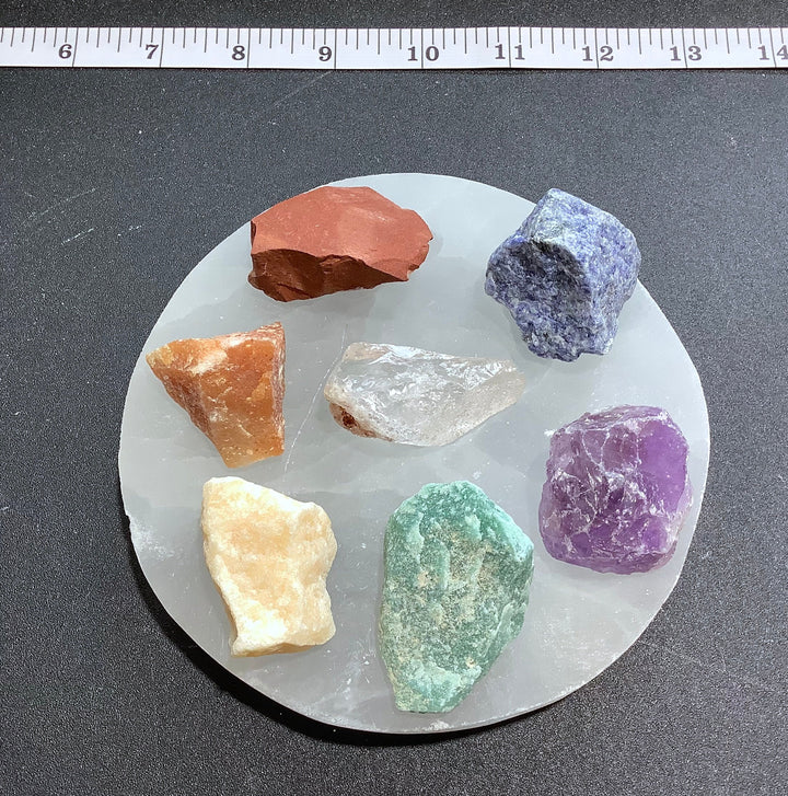 7 Stone Chakra Set Selenite Circle Plate Reiki Charging Healing Crystals