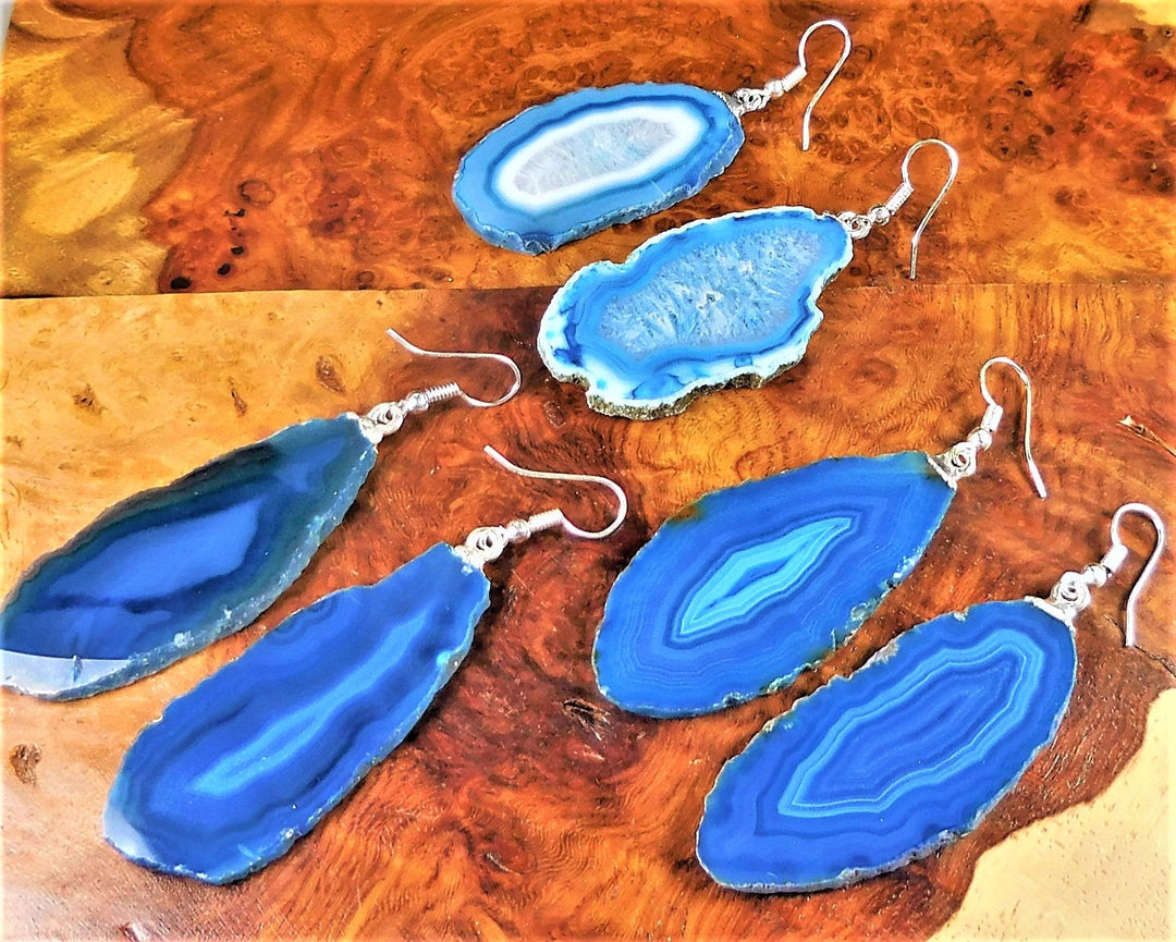 Blue Agate Slice Earrings Silver Hooks