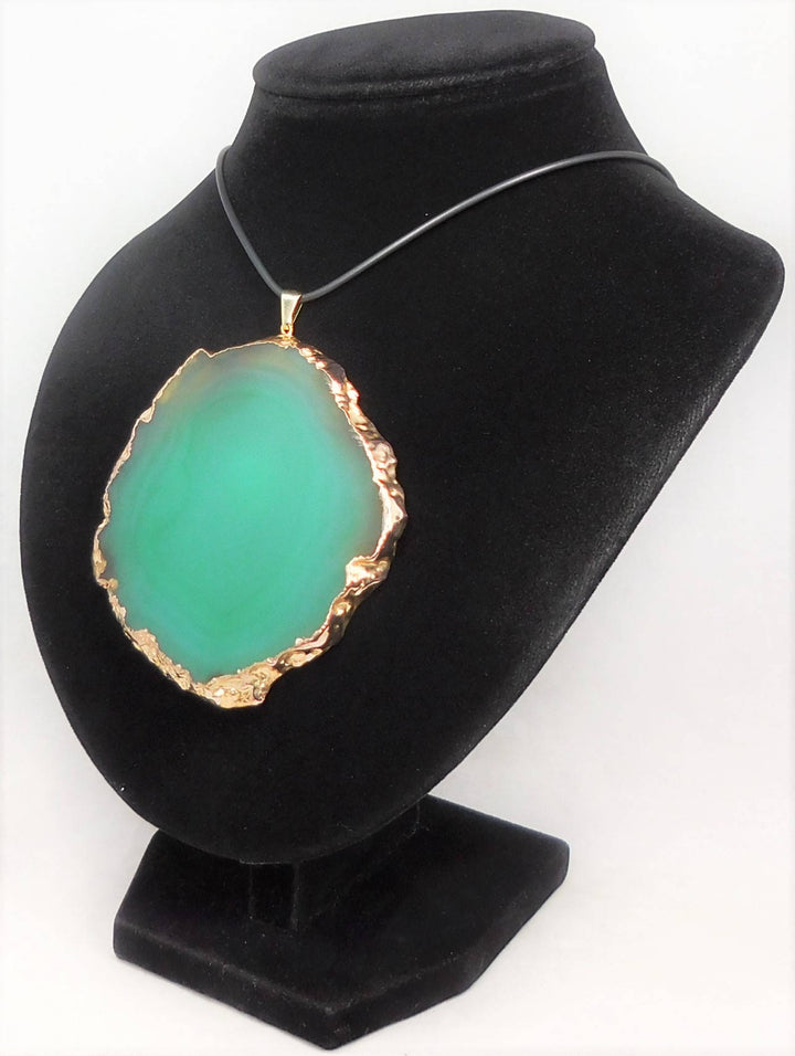 Agate Slice Necklace Pendant - Large Green Crystal Slab - Gold