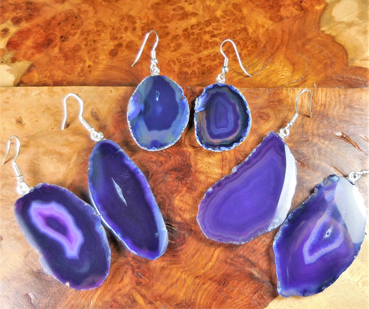Purple Agate Slice Earrings Pair Silver Hooks