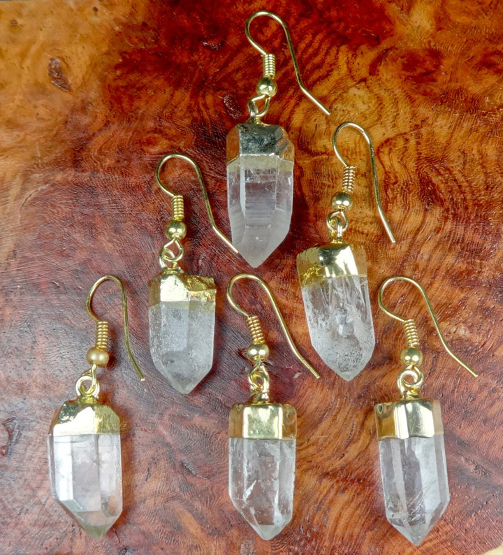 Quartz Earrings - Clear Crystal Point Earring Set - Gold Hooks Dangle Jewelry