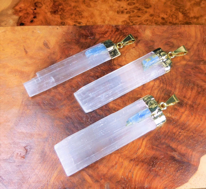 Selenite And Kyanite Crystal Pendant Gold Plated Necklace Charm Healing Crystals And Stones