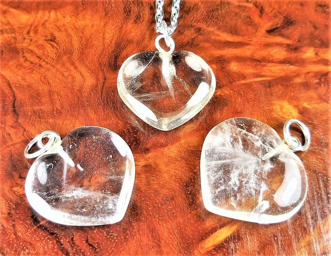 Quartz Crystal Heart Necklace - Clear Carved Gemstone Pendant - Petite Puffy Hearts (A5) Healing Crystals Natural Stone Jewelry