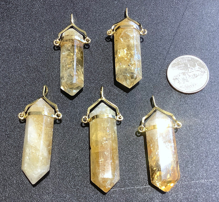 Bulk Wholesale Lot (5 Pcs) Citrine Crystal Point Pendants - Gold Swivel