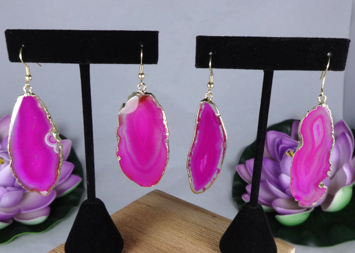 Pink Agate Slice Earrings - Polished Crystal Slab Earring Pair - Gold Hooks Jewelry