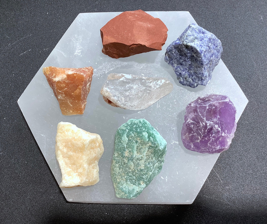 Raw Chakra Stone Set Selenite Plate Hexagon Reiki Charging Plate 7 Rough Gemstones Seven Chakras Healing Crystals and Stones