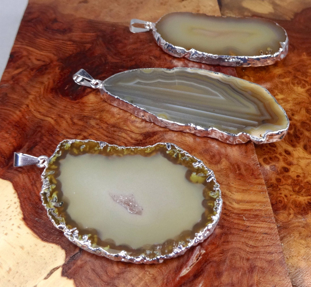 Agate Slice Necklace Pendant - Natural Crystal Silver