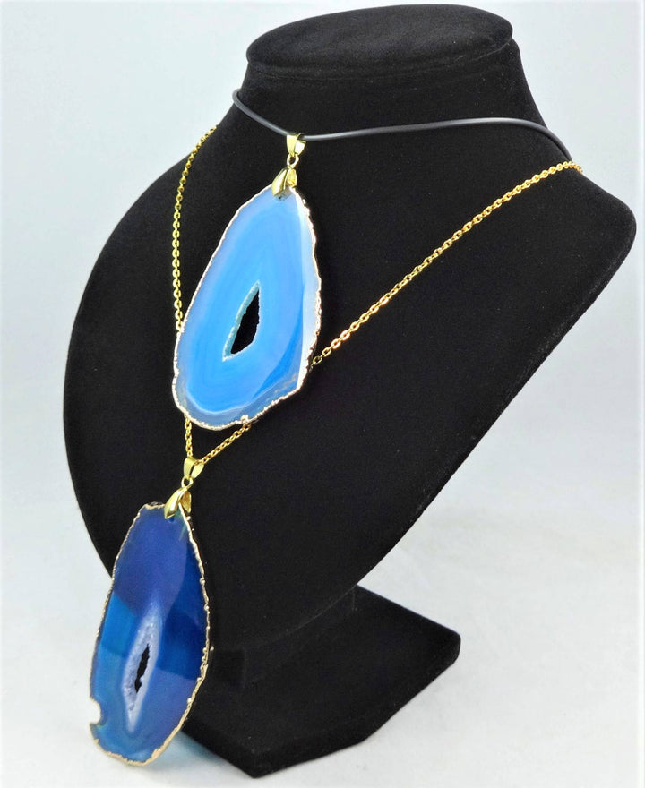 Large Blue Agate Slice Necklace - Druzy Crystal Geode Slice Pendant - XL Gold Drusy Stone