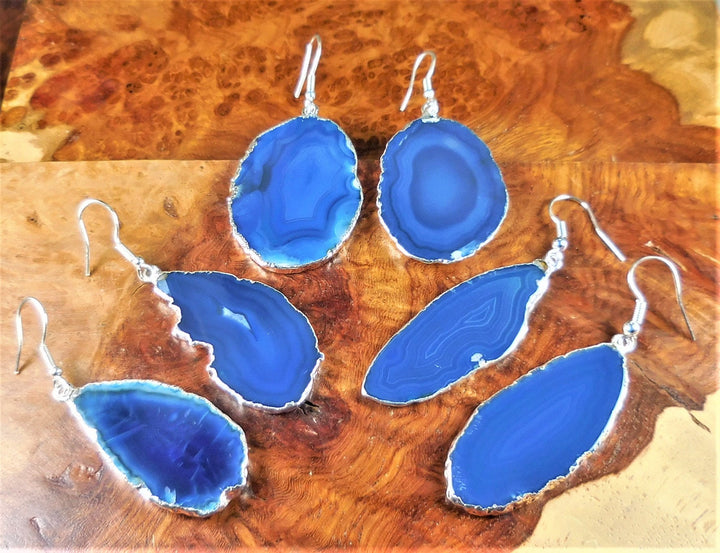 Agate Slice Earrings - Blue Crystal Slab Earring Set - Silver Plated Hooks