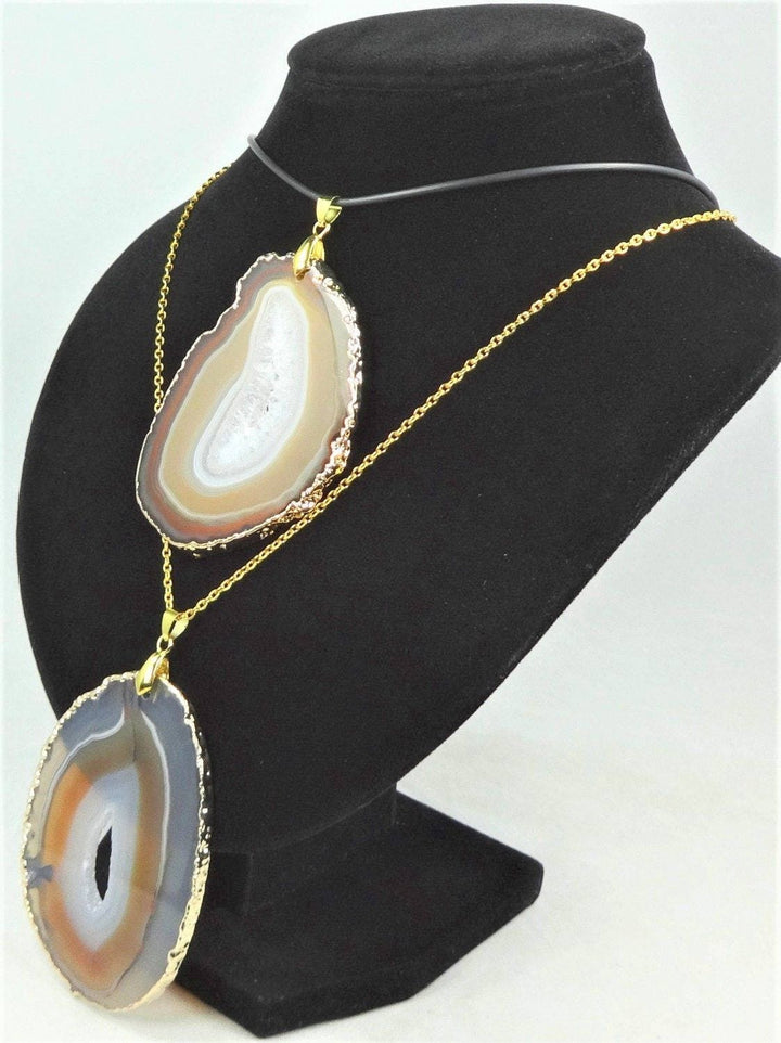 Large Natural Gold Dipped Agate Slice Necklace Pendant Druzy Crystal Geode Slice Gold Healing Crystals and Stones Jewelry
