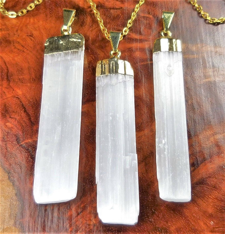 Selenite Necklace - White Crystal Point Pendant - Gold Plated Natural Gemstone