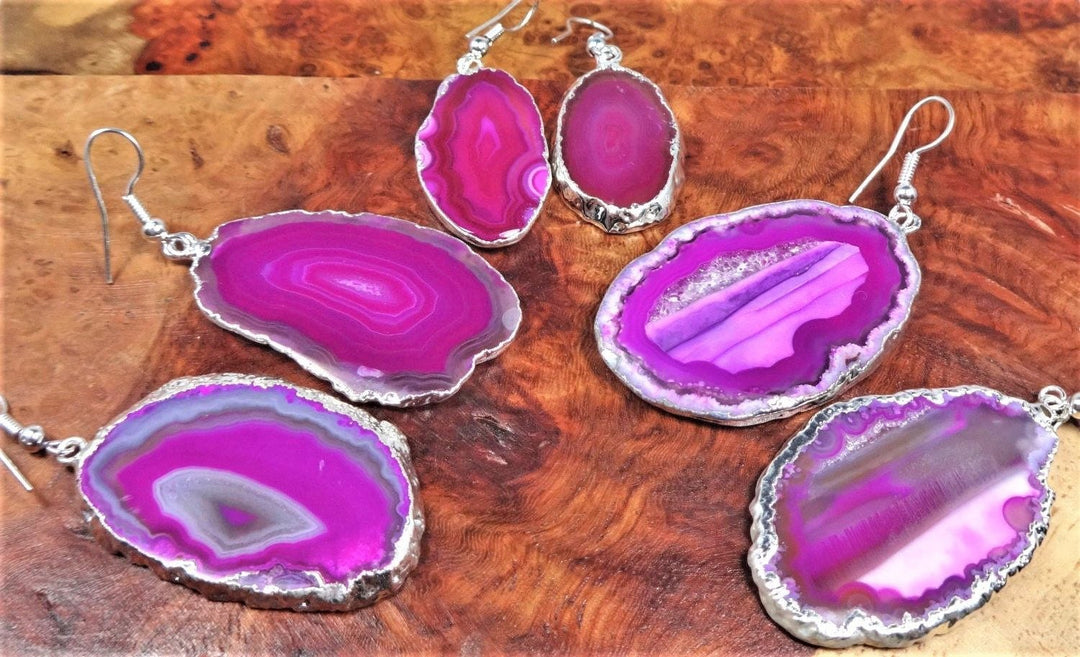 Pink Agate Slice Earrings - Polished Crystal Slab Earring Set - Silver Hooks