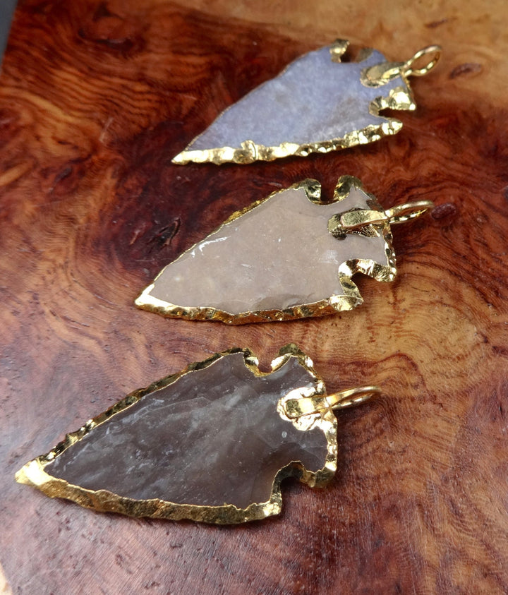 Arrowhead Necklace - Natural Jasper Stone Pendant - Gold Trim Gemstone Jewelry