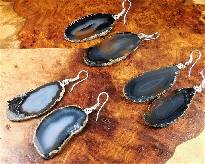 Black Agate Slice Earrings Silver Hooks