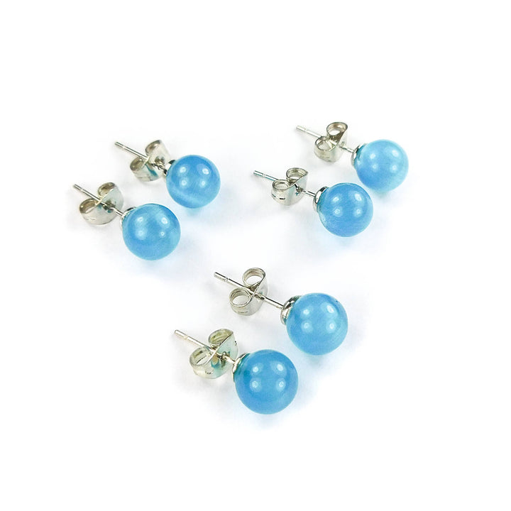 Cats Eye Earrings - 8mm Turquoise Blue Glass Studs