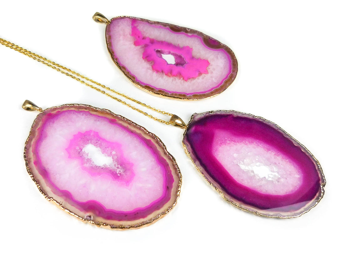 Agate Slice Pendant Extra Large Gold Plated (Pink)(3-4 Inches Long)