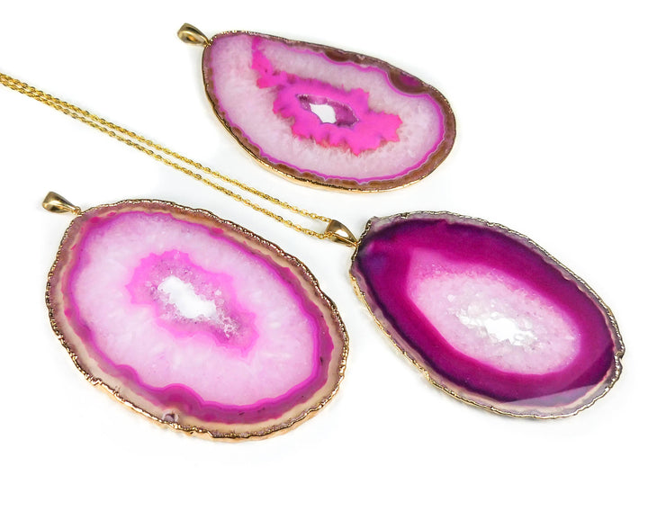 Agate Slice Pendant Extra Large Gold Plated (Pink)(3-4 Inches Long)