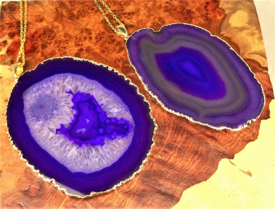 Agate Slice Necklace - Extra Large Purple Crystal Slab Pendant - XL Gold Plated Gemstone Jewelry