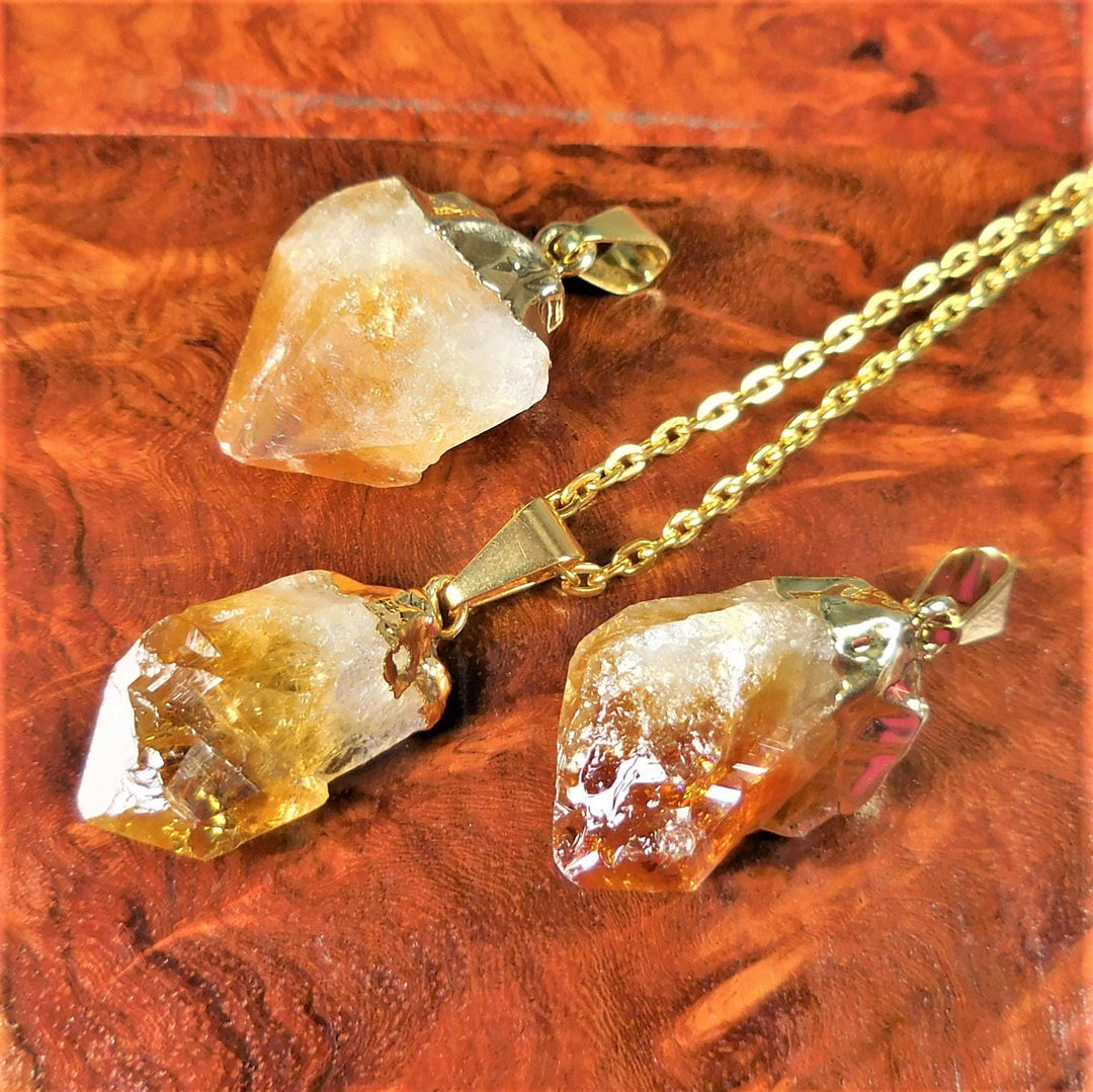 Citrine Crystal Pendant Gold Plated Raw Natural Rough Stone (LR26)