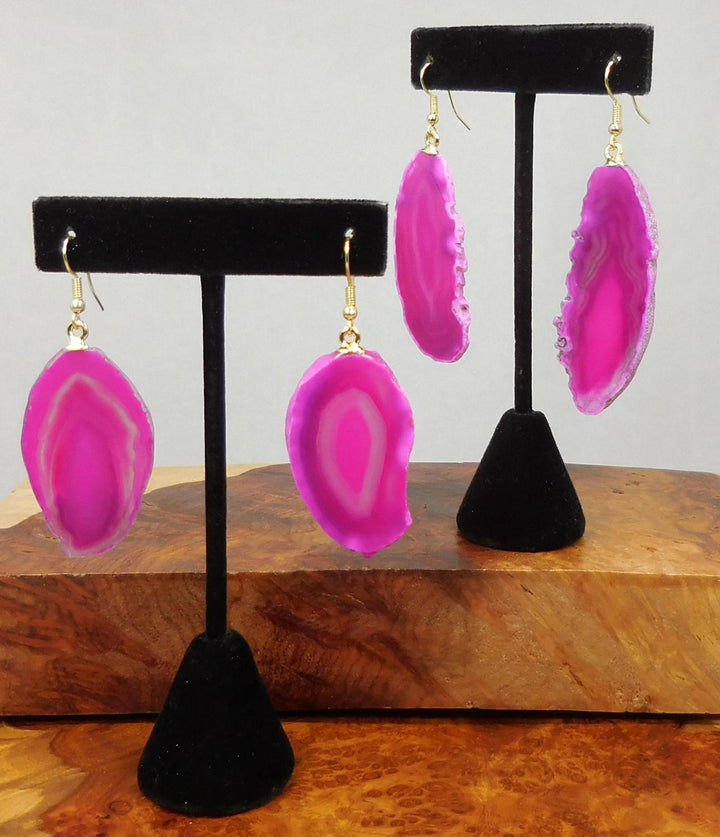 Pink Agate Slice Earrings Gold Hooks