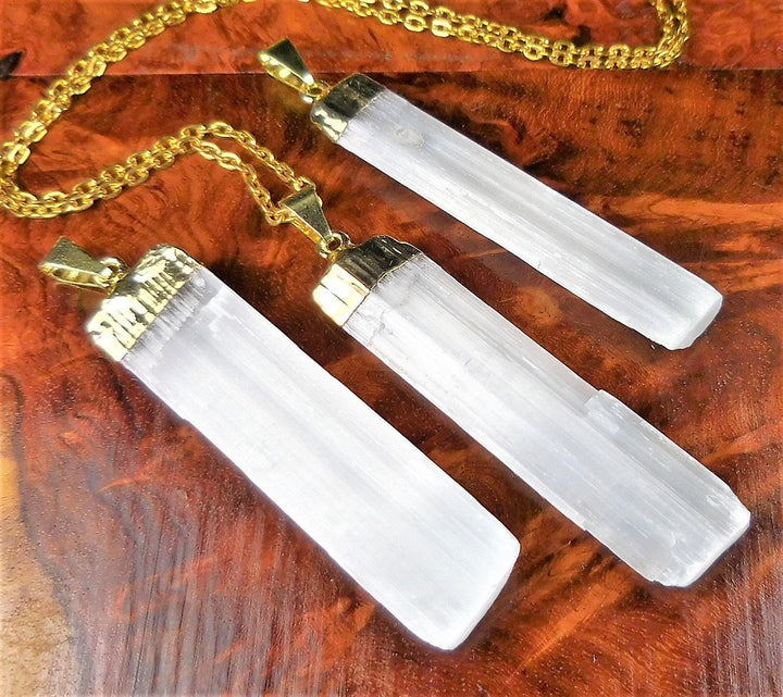Selenite Necklace - White Crystal Point Pendant - Gold Plated Natural Gemstone