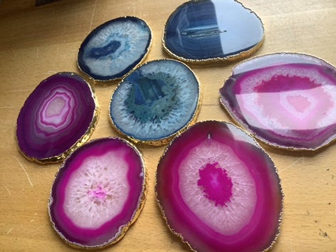 Agate Slice Coasters Set Of 2 Gold Plated Size #2 Grade A (3-3.25 Inches) Escort Place Cards