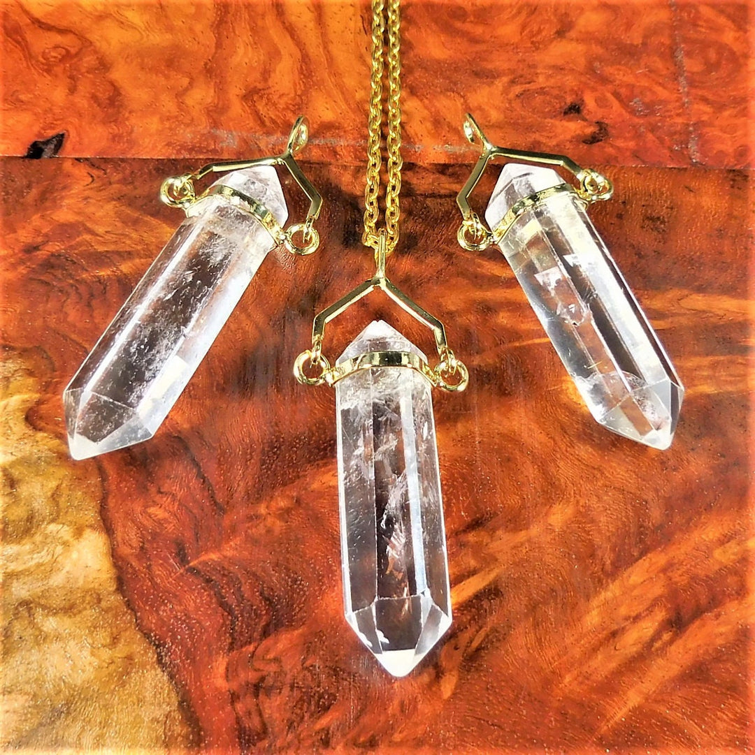 Quartz Necklace - Clear Crystal Point Swivel Pendant - Gold
