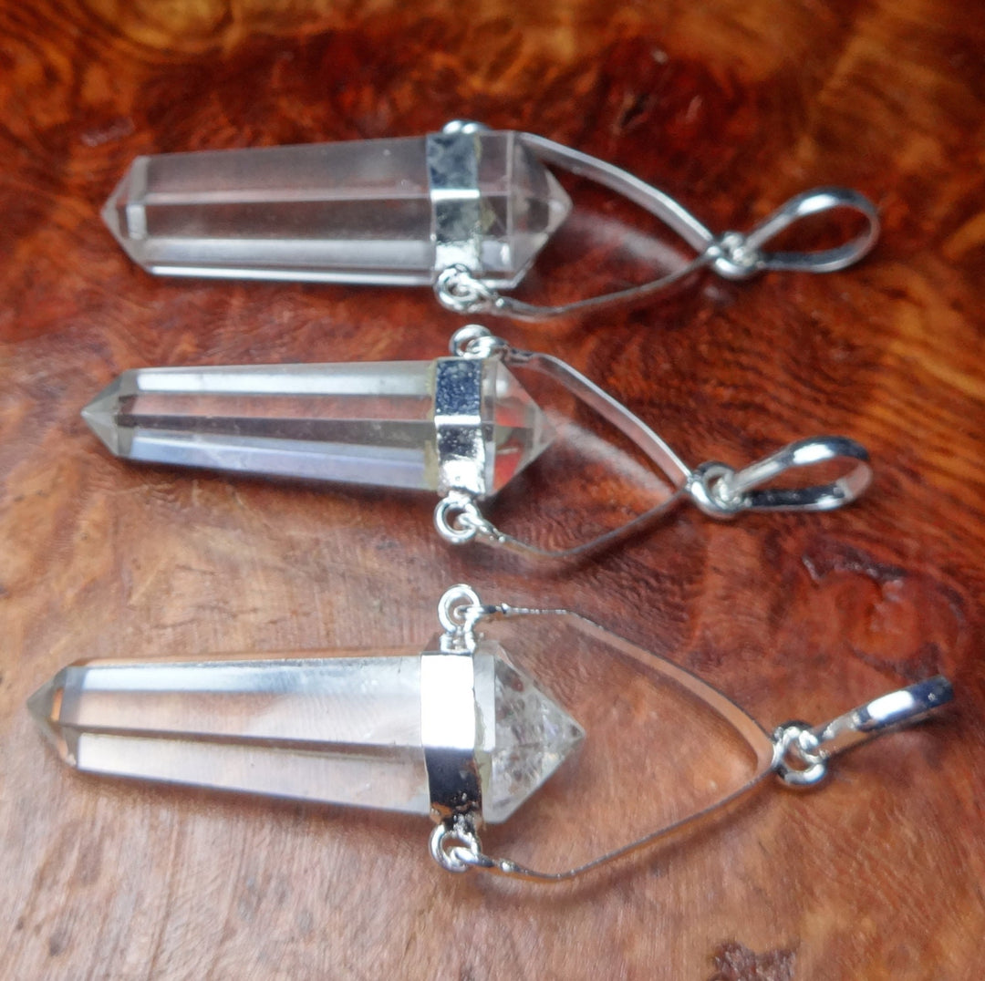 Quartz Necklace - Clear Double Terminated Crystal Point Pendant - Silver Swivel Gemstone