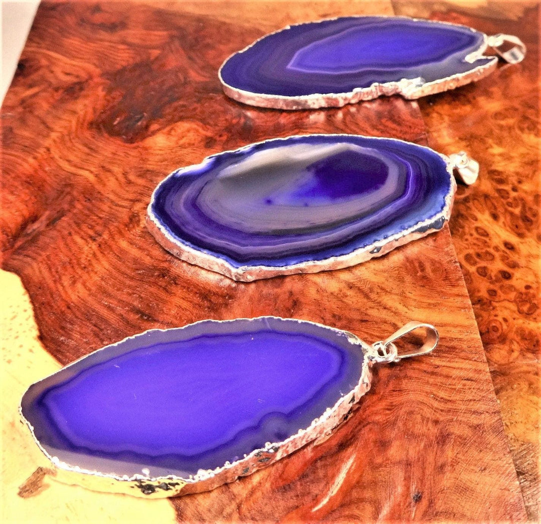Purple Agate Slice Pendant Silver Plated Necklace Charm Healing Crystals And Stones