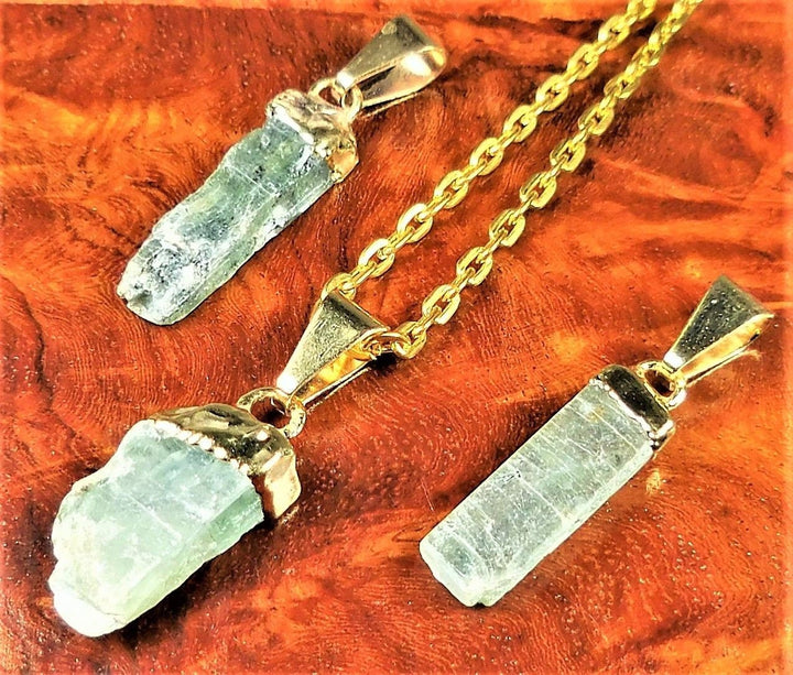 Green Kyanite Crystal Pendant Gold Plated Necklace Charm Raw Natural Gemstone Healing Crystals and Stones Jewelry