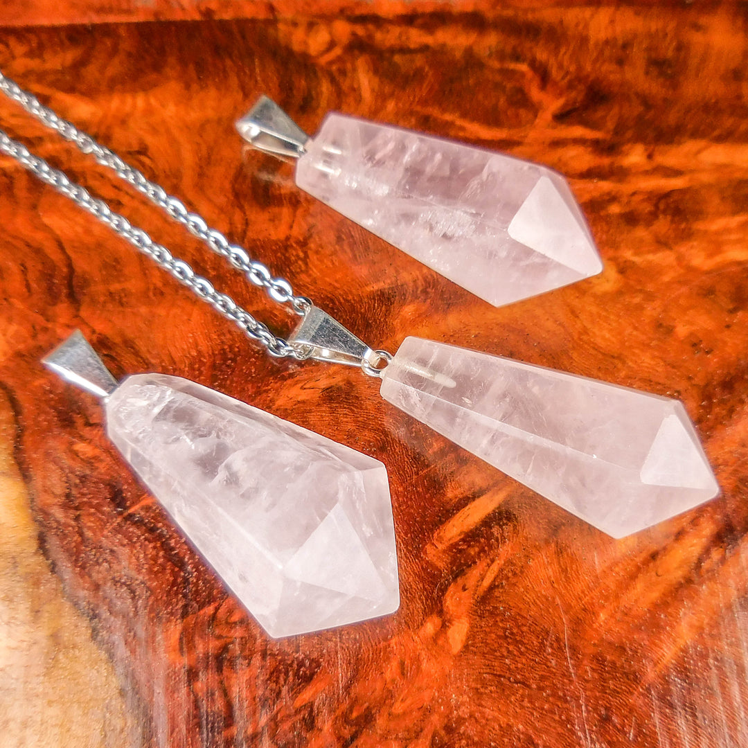 Rose Quartz Necklace - Faceted Gemstone Point Pendulum Pendant - Pink Polished Crystal (A5) Healing Crystals and Stones Jewelry
