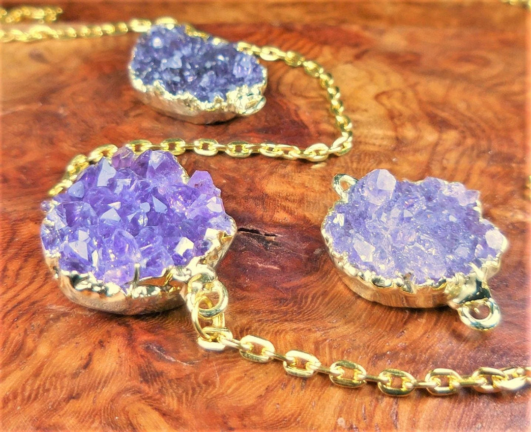 Druzy Amethyst Necklace - Petite Purple Crystal Cluster Connector Pendant - Gold Plated