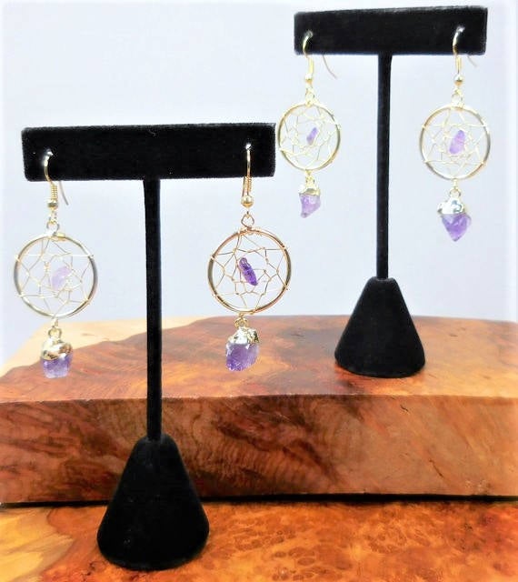 Dreamcatcher Earrings with Amethyst Crystal Gold Plated Hooks Jewelry Healing Crystals And Stones