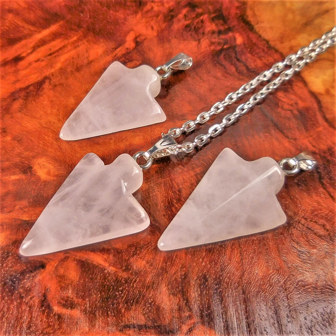 Pink Crystal Arrowhead Necklace - Carved Rose Quartz Pendant - Polished Gemstone Arrow Charm (A19) Healing Crystals Natural Stone Jewelry