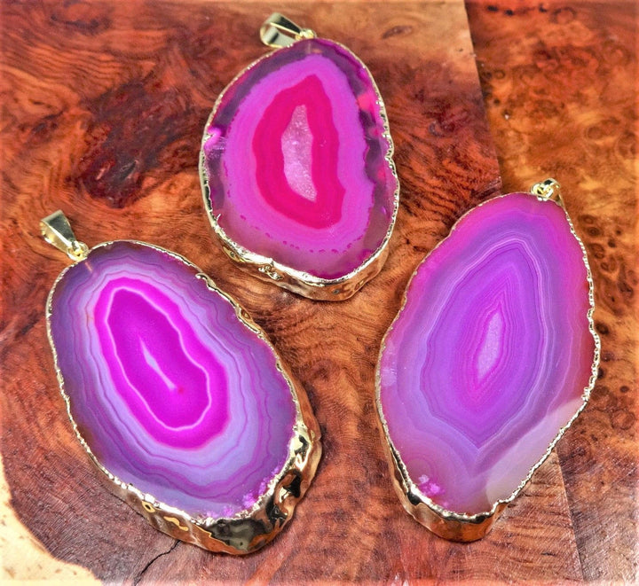Pink Agate Slice Necklace Pendant Gold
