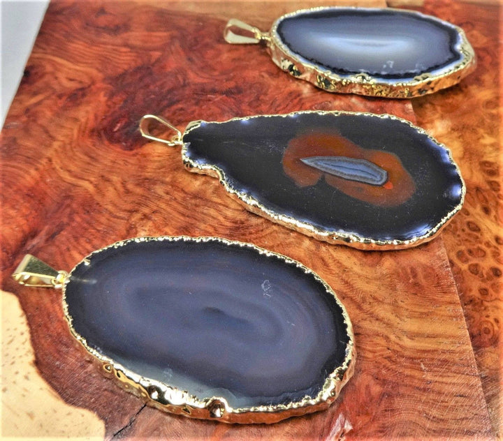 Black Agate Slice Crystal Pendant Polished Gold Plated Necklace Charm Healing Crystals and Stones